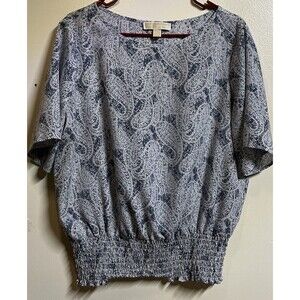 Michael Kors Paisley Blouse Size Large Blue Wide Elastic Balloon Waist Band